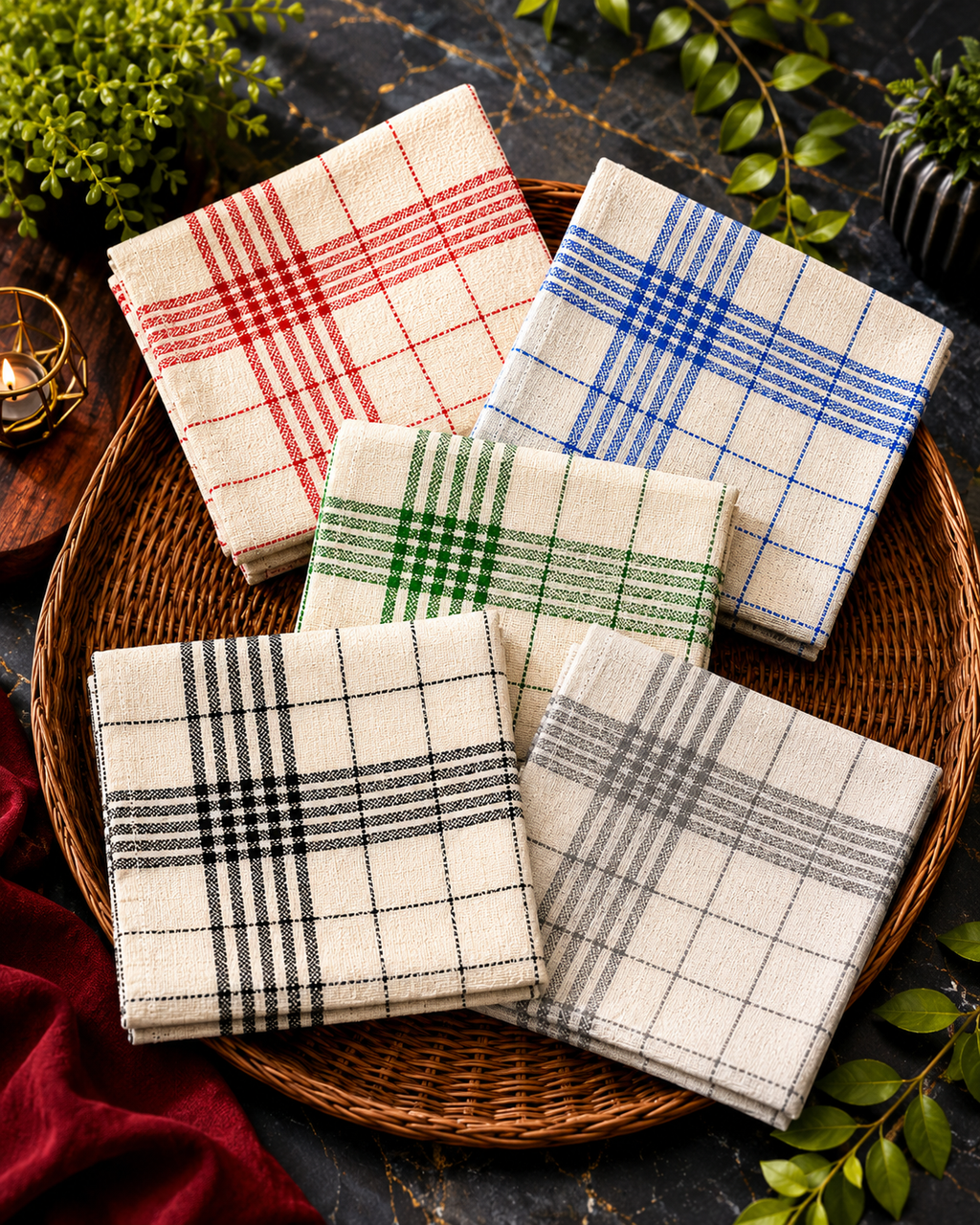 Multi-Purpose Towel     Mono Check Cleaning Towels & Roti Cloth (40x60 cm) – 5 Color Mix Value Pack