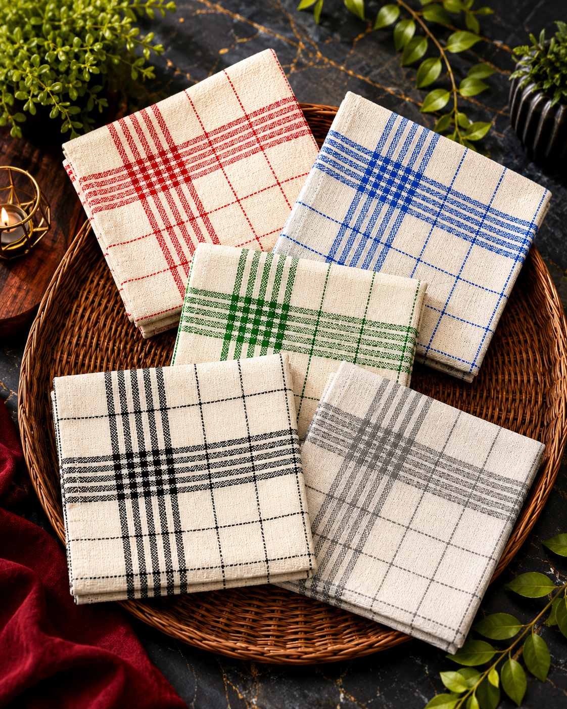 Multi-Purpose Towel     Mono Check Cleaning Towels & Roti Cloth (40x60 cm) – 5 Color Mix Value Pack