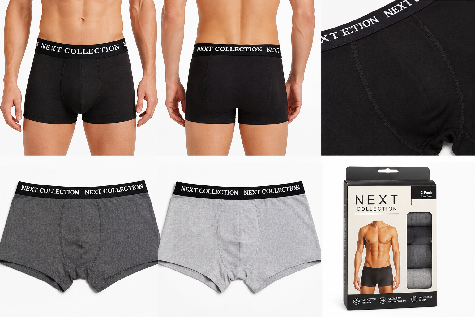 Men’s Boxer Trunks Pack of 3 – Cotton Stretch Underwear for Men, Soft Breathable Fabric, Flexible Fit, Black Grey & Light Grey
