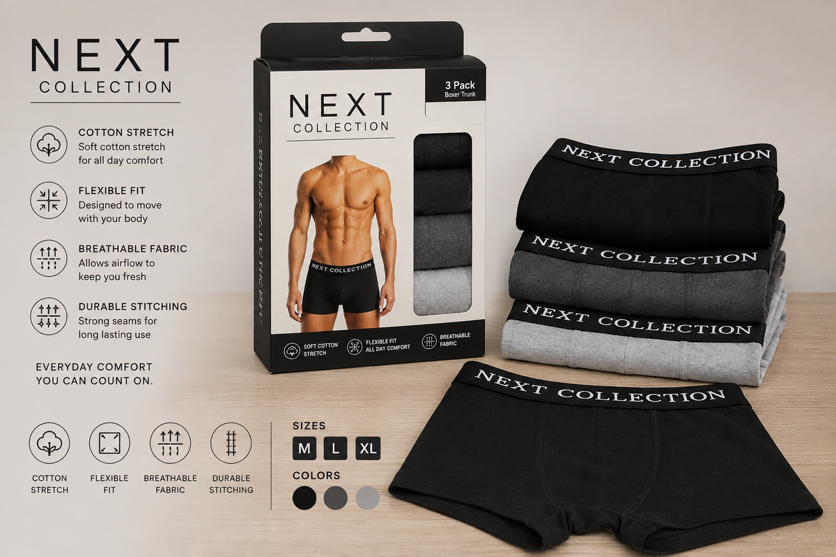 Men’s Boxer Trunks Pack of 3 – Cotton Stretch Underwear for Men, Soft Breathable Fabric, Flexible Fit, Black Grey & Light Grey
