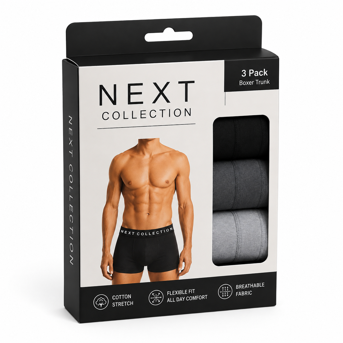 Men’s Boxer Trunks Pack of 3 – Cotton Stretch Underwear for Men, Soft Breathable Fabric, Flexible Fit, Black Grey & Light Grey