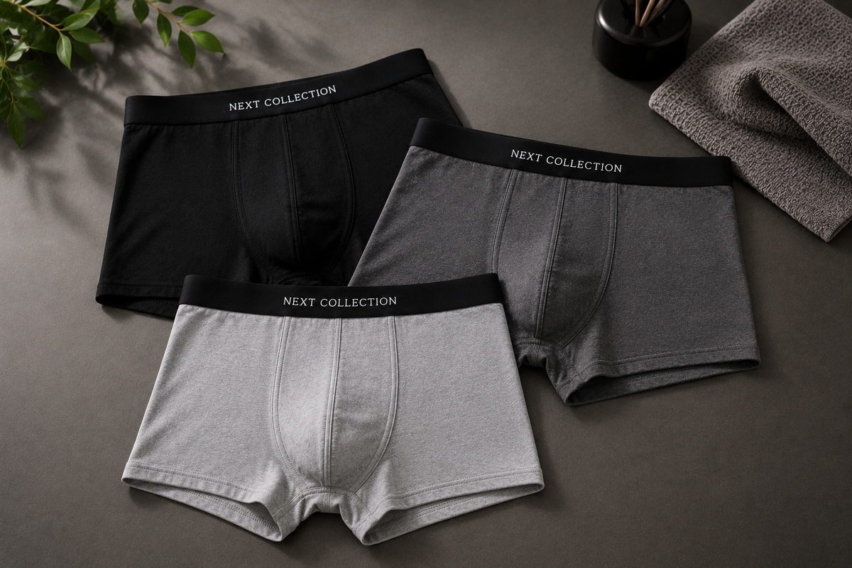 Men’s Boxer Trunks Pack of 3 – Cotton Stretch Underwear for Men, Soft Breathable Fabric, Flexible Fit, Black Grey & Light Grey