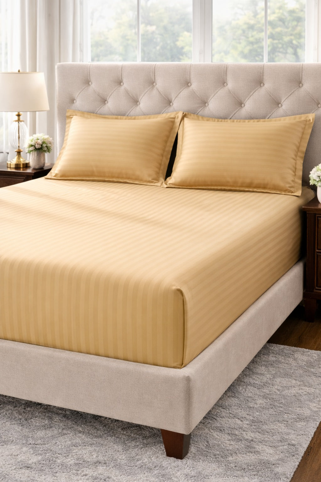 Luxury MZS Special King Size Fitted Bedsheet with 2 Pillow Covers | Deep Pocket Elastic Stripe Bedsheet | Cotton Microfiber Blend | 9 Inch Mattress Fit