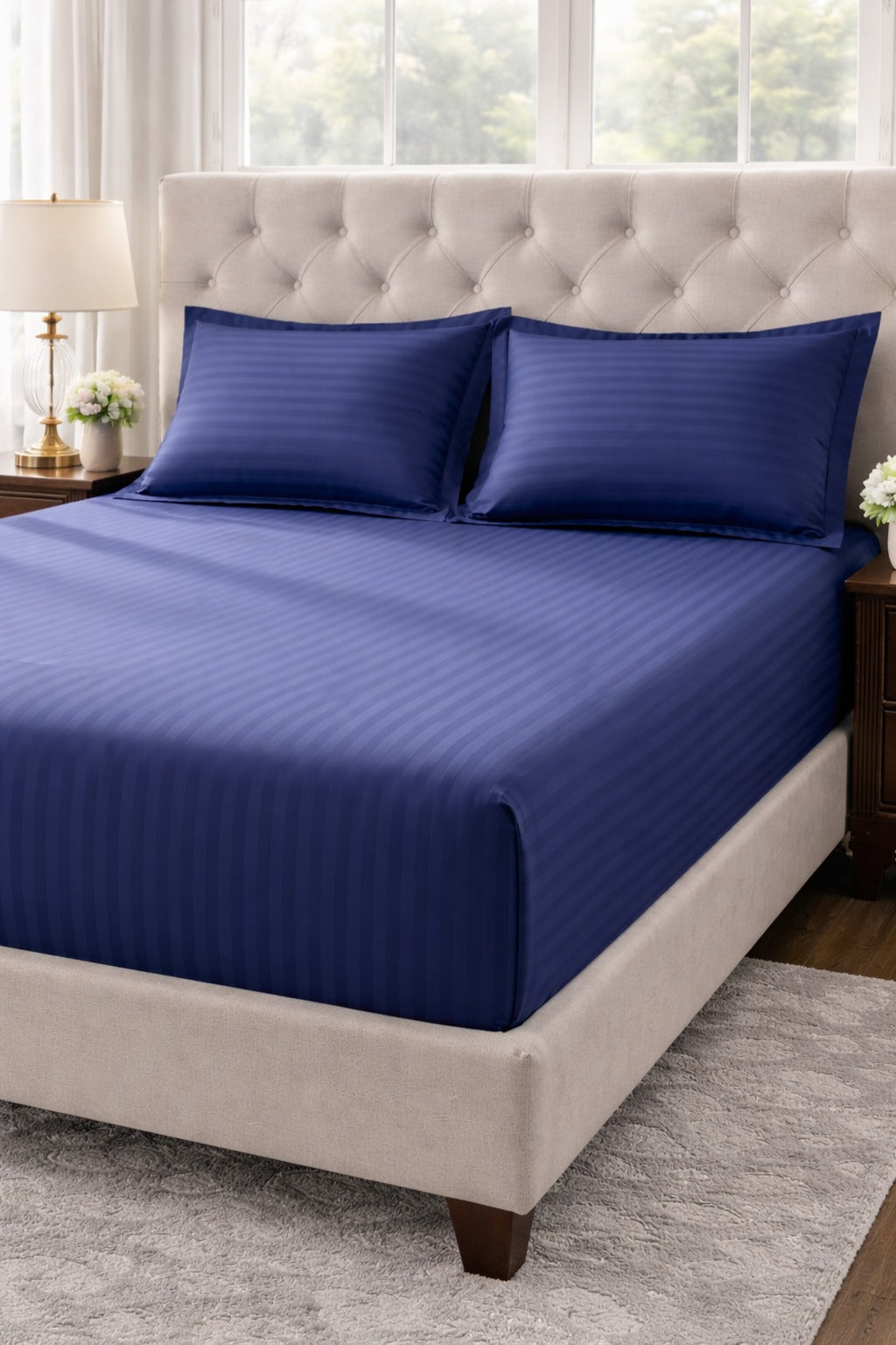 Luxury MZS Special King Size Fitted Bedsheet with 2 Pillow Covers | Deep Pocket Elastic Stripe Bedsheet | Cotton Microfiber Blend | 9 Inch Mattress Fit