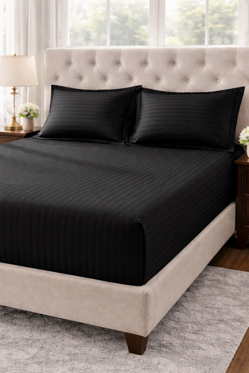 Luxury MZS Special King Size Fitted Bedsheet with 2 Pillow Covers | Deep Pocket Elastic Stripe Bedsheet | Cotton Microfiber Blend | 9 Inch Mattress Fit
