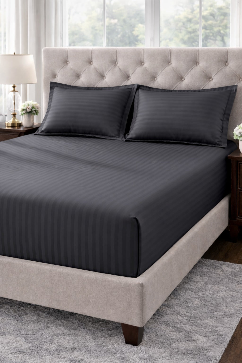 Luxury MZS Special King Size Fitted Bedsheet with 2 Pillow Covers | Deep Pocket Elastic Stripe Bedsheet | Cotton Microfiber Blend | 9 Inch Mattress Fit
