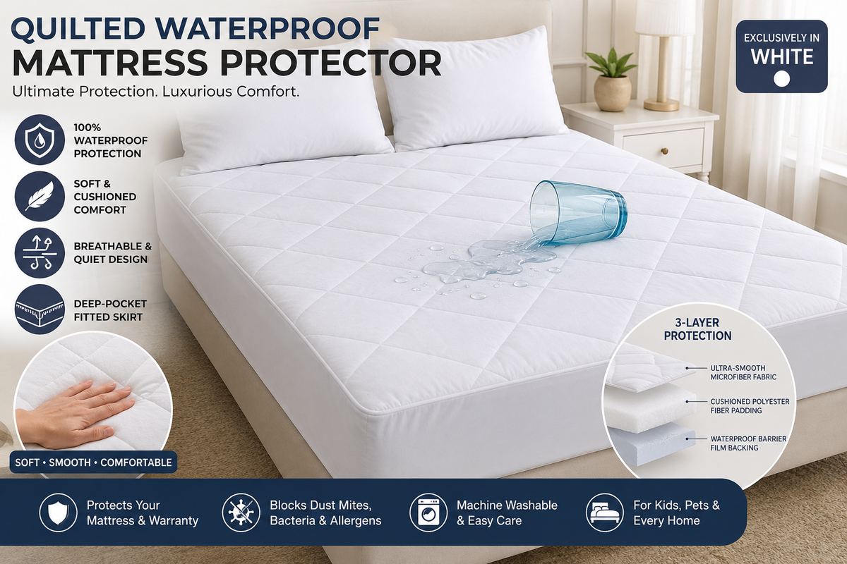 Quilted Waterproof Mattress Protector (King Size 180x200 cm, 25cm Depth) – Premium White Fitted Bed Cover